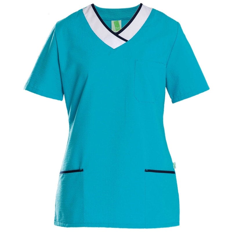 Womens's Seersucker Scrub Top lagoon-white | S Medvana UK